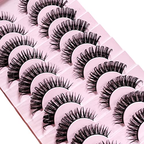 CNMTCCO False Eyelashes 10 Pairs Russian Strip Lashes Natural Fluffy Wispy D Curly Faux Mink Lashes Thick Short Soft Eyes Lash Reusable Fake Eyel