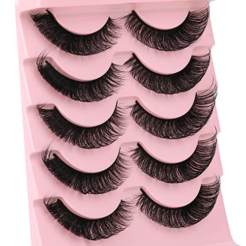 Newcally Eyelashes Russian Strip Lashes Natural Wispy Fluffy Thick Fake Eyelashes Plant Fiber Cat Eye 3D False Eye Lashes 5 Pairs Pack