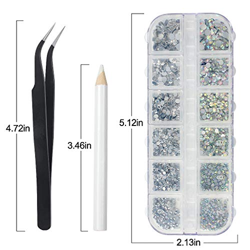Rhinestones 1500 Pieces in 6 Sizes Crystal Nail Gems Nail Art Accessories Rhinestones with 1 Pick Up Tweezer and 3 Rhinestone Picker Dotting Pen