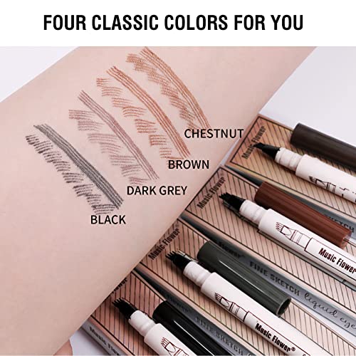 Music Flower Eyebrow Pencil, Chestnut Brow Pencil, Waterproof Brow Pen with 4 Micro-Fork Tip, Smudgeproof Fine Sketch Long Lasting Pen