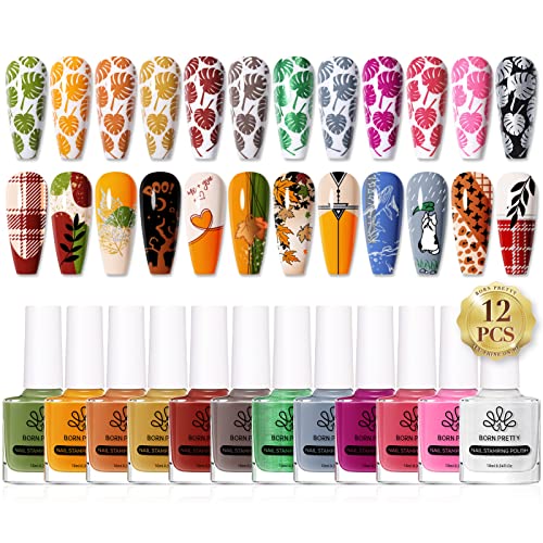 Born Pretty Nail Stamping Polish Spring Summer Fingernail Stamp Polish Set Manicure Print Nail Polish for Stamping Plates 12 Colors Bulk Nail Pol