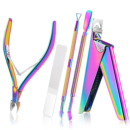 Acrylic Nail Clipper 5 in 1 Kit with Glass Nail File, Cuticle Trimmer Nipper and Cuticle Pusher Nail Gel Polish Remover, Stainless Steel Professi