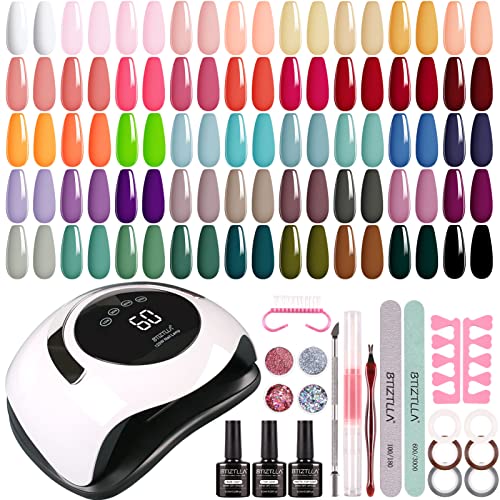 Btiztlla 21 Colors Gel Nail Polish Kit with 120W LED Light, Red Nude Glitter Gel Nail Polish Set, UV LED Nail Lamp, No Wipe Base Top Coat, Manicu