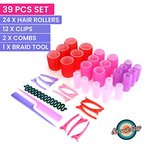 SnookBay 39 Pcs Hair Rollers Set - 24 Heatless Self Grip Velcro Curlers, 12 Duckbill Clips, 2 Combs,1 Braiding Device with Storage Bag (Rollers: