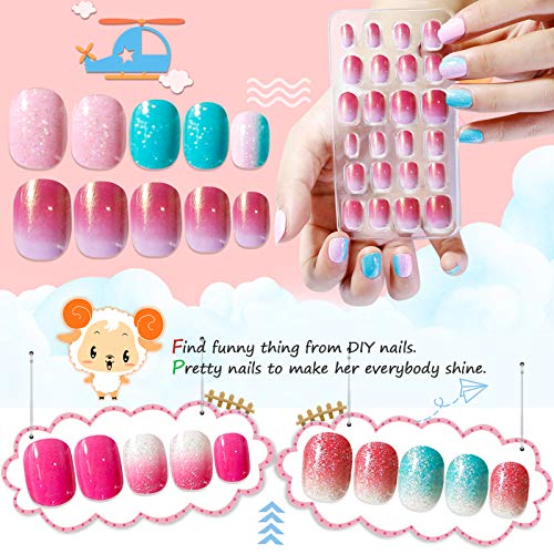 Kalolary 96PCS Kids False Nail, Children Nails Press on Pre-glue Full Cover Gradient Color Short False Nail Kit with 1pcs Nail Glue Sticker, Love