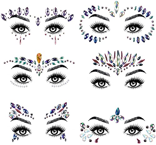 URAQT Face Gems Glitter, 6 Pcs Rhinestone Face Glitter, Crystals Face Stickers for Eyes, Self-Adhesive Body Temporary Tattoos for Party, Rave Fes