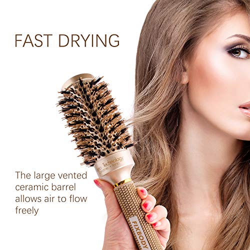 FIXBODY Round Barrel Nano Thermal Ceramic Coating & Ionic Tech Hair Brush with Boar Bristles, for Hair Blow Drying, Styling, Curling, Straighteni