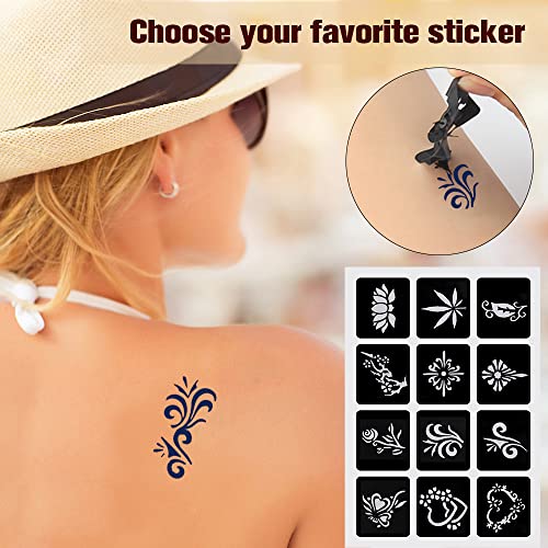 Lictin Temporary Tattoo Kit, Temporary Art Tattoos 6 PCS Temporary Tattoo Paste Cone with 4 Plastic Nozzles and 2 PCS Temporary Tattoos Stencils