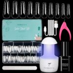 TOMICCA Nail Tips and Glue Gel Kit,Nail Extension Kit-4 In 1 Nail Glue and Base Gel,500Pcs Coffin Nails with Portable LED Nail Lamp DIY Nail Art