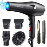 HappyGoo,Black Professional Hair Dryer 2400W AC Motor Fast Drying Salon Ionic Hairdryer with 2 Speed, 3 Heat Setting, Cool Button, with Diffuser,