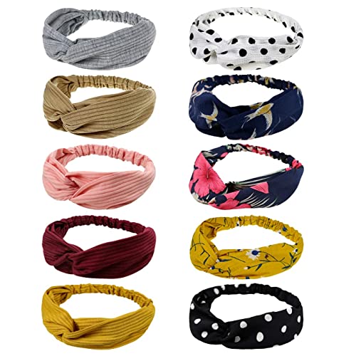 DRESHOW 10 Pieces Wide Headbands Knot Turban Headband Hair Band Elastic Hair Accessories for Women and Girls