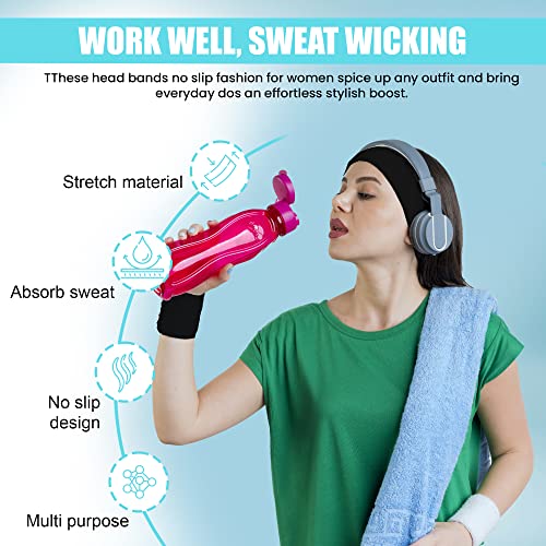 Gekvo 7cm Black Unisex Headbands for women’s hair – Stretchy Head Band for doing Workout, Yoga, Makeup, Running Headband - Breathable Hair Band f
