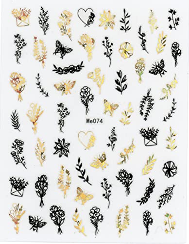 9 Sheets Black Gold Leaves Nail Art Stickers Decals Self-Adhesive Grass Leaves Butterfly Dragonfly Insect Design Manicure Tips Nail Decoration fo