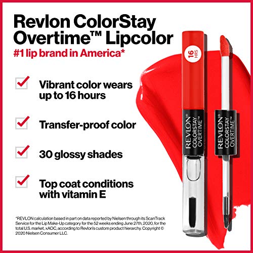 Revlon Colorstay Overtime Lipcolour, Dual Ended Longwearing Liquid Lipstick with Clear Lip Gloss, with Vitamin E in Plum / Berry, Everlasting Rum