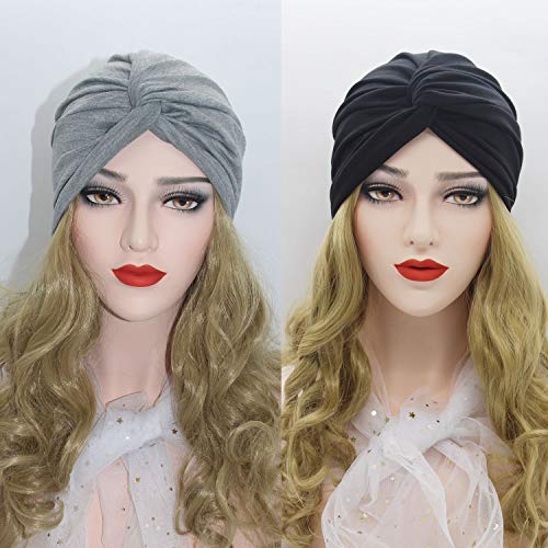 beifon 2 Pieces Womens Elastic Cotton Turban Beanie Hats Soft Print Hair Turban Scarf Pre Tied Head Warp Coverings Fashion Stretch Sleep Cap for