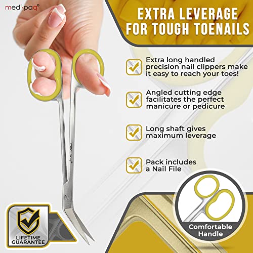 Medipaq Yellow Long Handle Toenail Scissors with Free Nail File - 1x Nail Scissors for Toenails - Extra Leverage for Tough Toenails - for The Eld