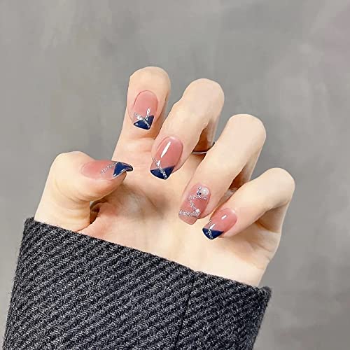JUSTOTRY 24 Pcs Pastel Square Short False Nails,Multi Colour French Press on Nails Pattern, Cute Fake Nails Medium with Nail Glue,Rainbow Stick o