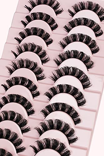 False Eyelashes Russian Volume Strip Lashes,Wispy D Curl Fake Eyelashes,Faux Mink Lashes Natural Look Fluffy Russian Strip Lashes 3D Effect 10 Pa