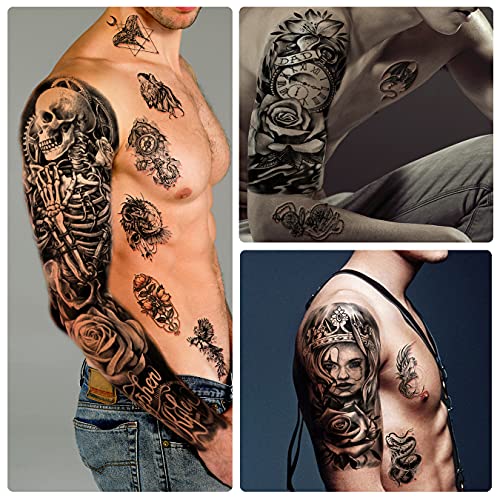 Metuu 46 Sheets Full Arm Waterproof Temporary Tattoos For Men(L22.8“xW7”), Tiger Clock Flower Skeleton Animals Fake Tattoos For Adult Men and Wom