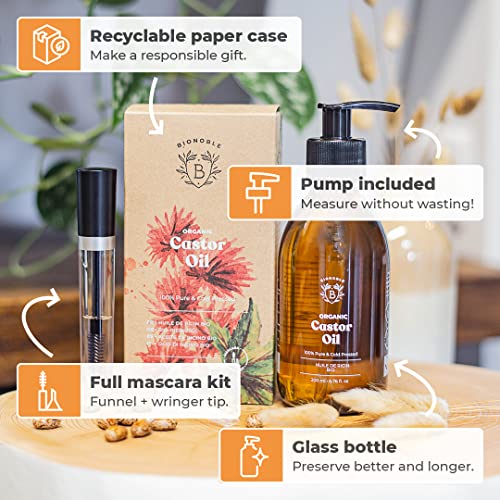 Bionoble Organic Castor Oil 200ml - 100% Pure, Natural and Cold Pressed - Lashes, Eyebrows, Body, Hair, Beard, Nails - Vegan and Cruelty Free - G