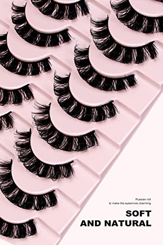 False Eyelashes Russian Volume Strip Lashes,Wispy D Curl Fake Eyelashes,Faux Mink Lashes Natural Look Fluffy Russian Strip Lashes 3D Effect 10 Pa