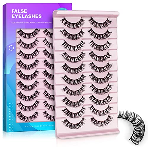 False Eyelashes Russian Volume Strip Lashes,Wispy D Curl Fake Eyelashes,Faux Mink Lashes Natural Look Fluffy Russian Strip Lashes 3D Effect 10 Pa