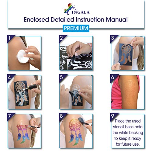 INGALA PREMIUM Stencils Set - 146 Unique Artistic Glitter Tattoo Stencils for Kids, Teens and Adults. Can be used as Henna Tattoo Stencils, Airbr
