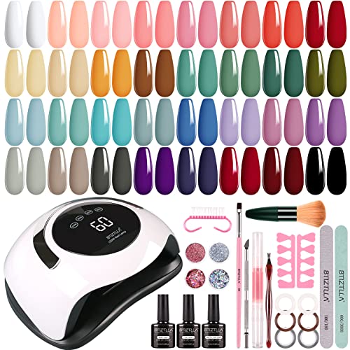Btiztlla Gel Nail Polish Kit with 120W LED Light, 12 Colors White Nude Glitter Gel Nail Polish Set, UV LED Nail Lamp, No Wipe Base Top Coat, Mani