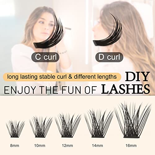 QUEWEL Cluster Lashes 72 Pcs Wide Stem C/D Curl 8-16mm Length DIY Eyelash Extension False Lashes Individual Natural&Mega Styles Soft for Personal