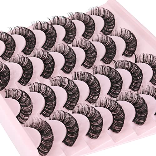 Newcally Russian Strip Lashes D Curl Wispy Fluffy False Eyelashes Natural Thick Volume Faux Mink Eye Lashes Reusable Handmade Like Fake Lashes Ex