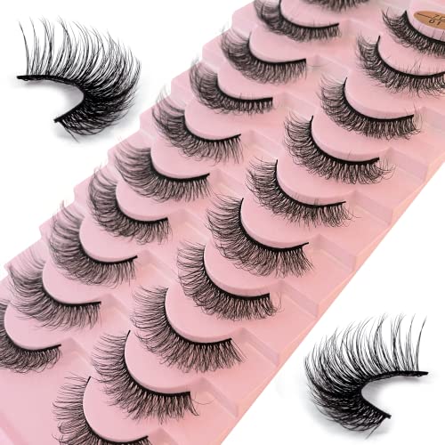 False Eyelashes Russian Strip Lashes 10 Pairs Reusable Natural Look 7D Faux Mink Lashes Fluffy Volume Wispy Fake Eyelashes Handmade Thick Soft Lo