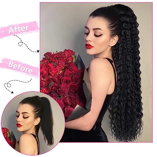 Drawstring Ponytail Extension, 30 inch Long Curly Ponytail Hair Extension Synthetic Hairpiece for Women(1B#, 30 inch)