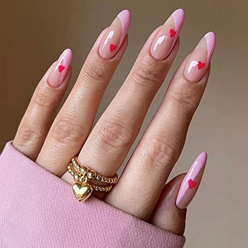 JUSTOTRY 24 Pcs Pale Orange Heart Short False Nails Stiletto,Beige French Press on Nails Pattern,Fake Nails Short with Nail Glue,Almond Medium St