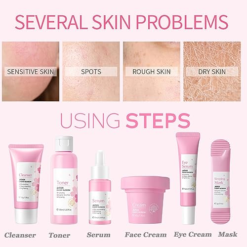 Skincare Gifts For Teenage Girls,Cherry Blossom Skincare Sets,Facial kit,Pamper Sets For Women Gifts,Skin Care Sets & Kits with Cleanser, Face Se