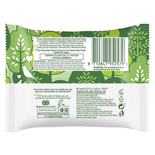 Simple Regeneration Age Resisting Biodegradable Facial Wipes remove make-up and fights premature ageing for sensitive skin 20 wipes,package may v