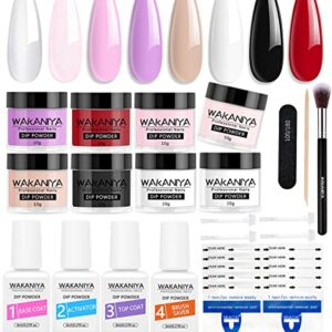 Wakaniya Dipping Powder Nail Kit Starter, 8 Colours Nude Clear White Nail Dipping Powder Set with Base Top Coat, Activator and Brush Saver Dip Po