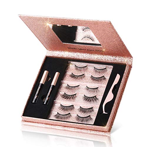 Magnetic Eyelashes with Eyeliner, 6 Pairs 3D Natural Look Magnetic Eyeliner and Lashes Kit, 2 Tubes Long Lasting Magnetic Eyeliner 10mL, Mirror B