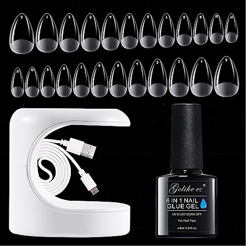 Gelike ec Nail Tips and Glue Gel Kit SHORT ALMOND Nail Tips for Gel Extensions 240PCS, Soft Gel Full Cover Nail Tips, 6 In 1 Nail Glue UV, Mini U