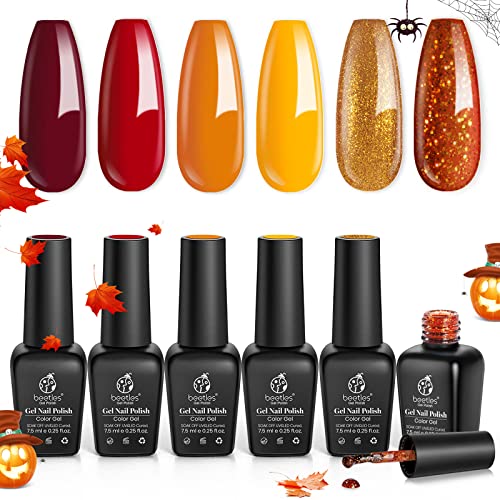 Beetles Gel Nail Polish Set,Fall Winter Colours Yellow Orange Gold Glitter Red Gel Polish Soak Off UV Gel Nail Polish Nail Art Salon Manicure Gel