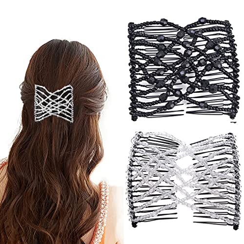 Stretch Beaded Hair Combs,Magic Crystal Beads Slides,Elastic Pearls Double Combs Vintage Double Slide Clips DIY Hair Accessories for Women 2PCS