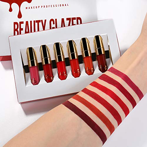 Beauty Glazed NEW Matte Liquid Lipstick Set Light to Deep Red Colors Waterproof Long Lasting Non-Stick Cup Lip Gloss Intense pigments, Cruelty Fr