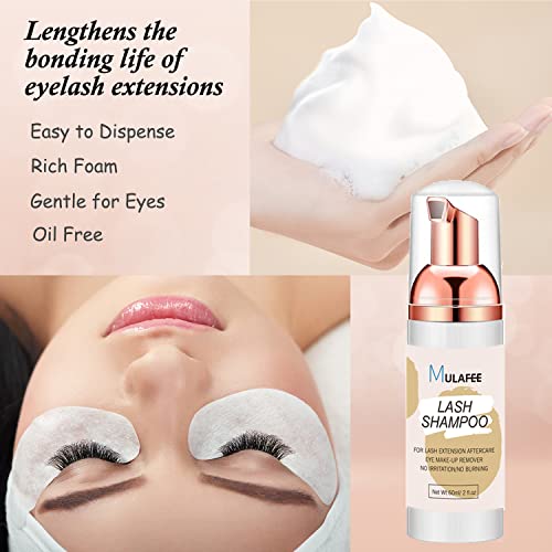 MULAFEE Lash Shampoo for Eyelash Extension, Lash Extension Cleanser, Lash Shampoo Kit 60 ML+Rinse Bottle+Cleansing Brush+Mascara Wand+Reusable Cl