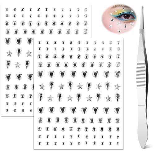 cobee Eye Face Gems,2 Sheets Face Jewels Rhinestones Crystals Stickers with Tweezer Self Adhesive Makeup Diamonds Stick on Face Gem for Women Par