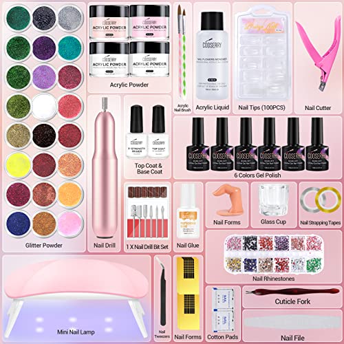 cooserry Acrylic Nail Kit with Drill & U V Lamp - 2 in 1 Nail Kits Full Sets Professional Acrylic Powder with Everything for Beginners - 24 Color