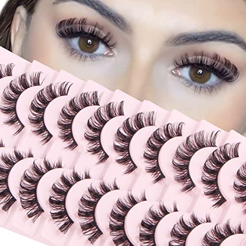 Parriparri Eyelashes Russian Strip Lashes 10 Pairs Curly False Lashes D Curl Volume Strip Lashes Natural Fluffy Thick Fake Lashes