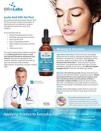 QRxLabs Lactic Acid 50% Gel Peel With Kojic Acid And Bearberry & Licorice Root Extracts - Professional Grade Chemical Face Peel - Alpha Hydroxy A