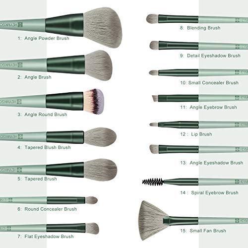 Makeup Brushes HEYMKGO 15pcs Premium Synthetic Bristles Green Conical Handle Kabuki Foundation Brush Makeup Sets Professional Portable Flannel Ba