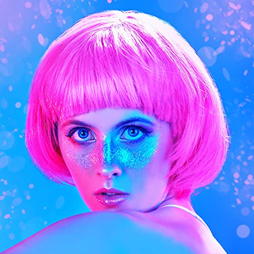PLULON Peach Pink Bob Wig and Sunglass Set, Neon Short Bob Wig Sunglass Pack Costume Colorful Cosplay Wig Hairpieces for Bachelorette Neon Party
