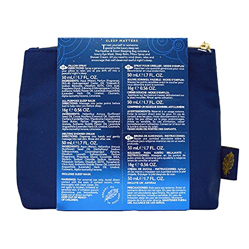 Feather & Down Sleeping Bag Gift Set (luxury eye mask, sleep balm, pillow spray and shower cream) - with calming lavender & chamomile essential o