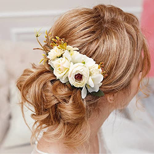 Cinaci 4 Pack Artificial Flower Metal Hair Side Combs Slides Clips Floral Wedding Bridal Headpieces Hairpins Barrettes Bun Chignon Hair Accessori